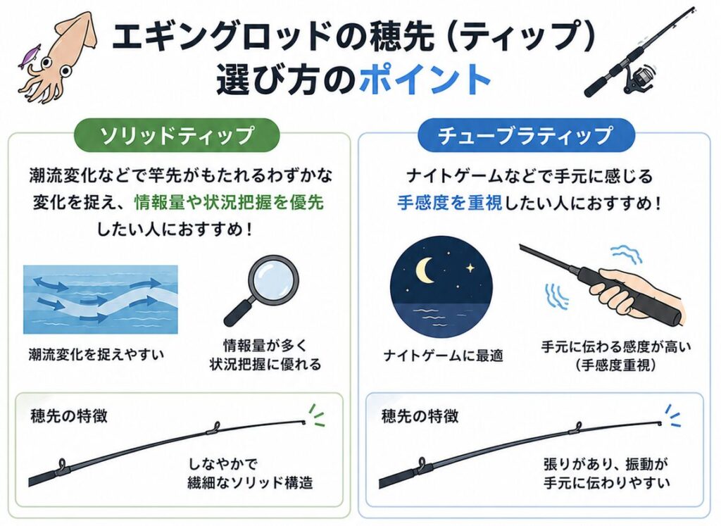 エギングロッドのソリッドティップとチューブラティップの違いや、それぞれに適した釣り方