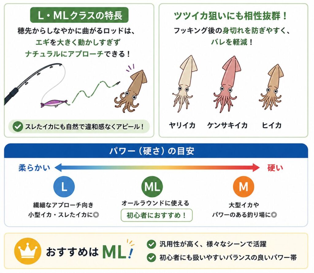 エギングロッドのL・ML・Mの硬さごとの特徴や適したイカ・釣り場の違いと、初心者には汎用性の高いMLがおすすめであることをまとめ