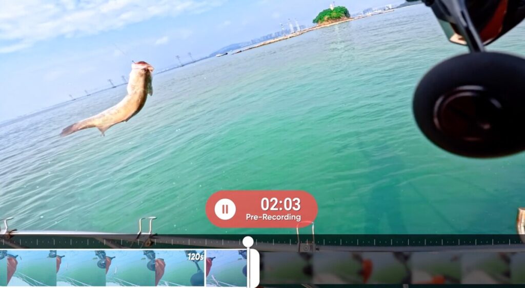 Insta360 Ace Pro 2は120秒のプリ録画による録画ボタン押下から120秒遡っての撮影によって釣りのHITシーンを逃す心配がない