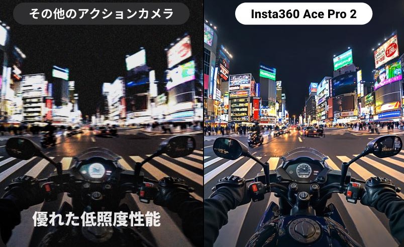 Insta360 Ace Pro 2は夜などの低照度撮影時にAIノイズ低減でくっきりと撮影できる