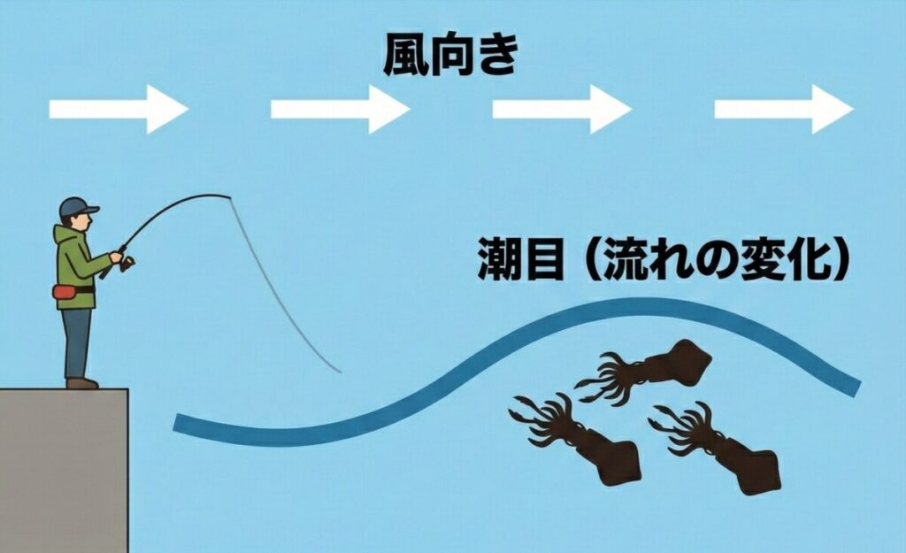 エギングの【状況判断】潮と風を読み、イカの居場所を特定する