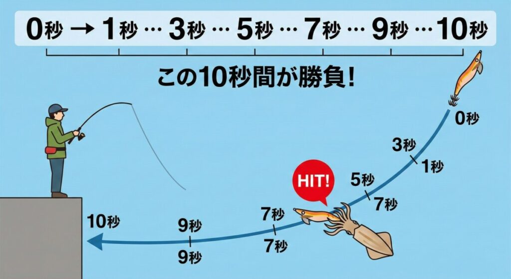 エギングの【フォール】でイカがエギを抱く「10秒間」