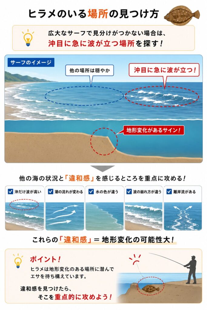 沖で急に波が立つ場所と海底の地形変化を示したサーフの様子。周囲と違う波・潮・水色の「違和感」がヒラメの狙い目になっている状態