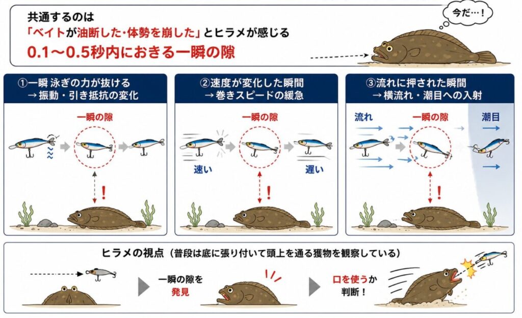 ヒラメがバイトしやすい「一瞬の隙」の3パターンと、底から獲物を観察して捕食判断する