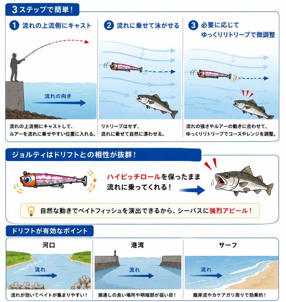 流れの効いた河口・港湾・サーフで、ジョルティを上流側へキャストして流れに乗せる「ドリフト」の使い方。自然に流しながら必要に応じてゆっくりリトリーブし、シーバスのバイトを増やす流れ