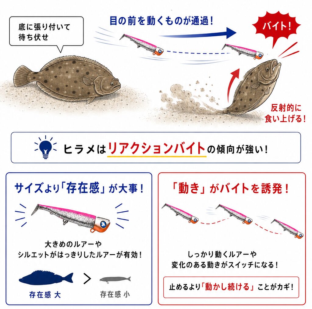 ヒラメが海底に張り付き、目の前を通過したジョルティに反射的に食い上げるリアクションバイトの仕組みと、存在感や動きの重要性