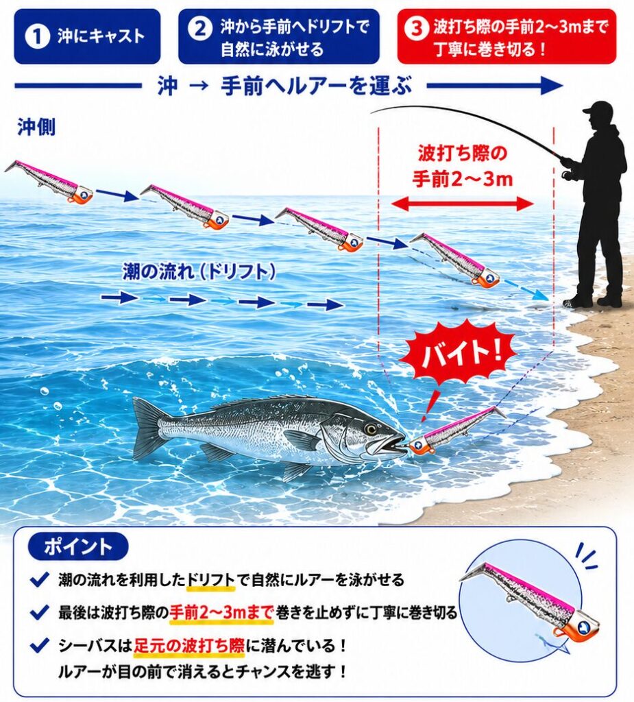 ジョルティを沖にキャストして巻いてくる時に、手前の波打ち際の手前2〜3mまで丁寧な巻きを止めないことがシーバスを釣る秘訣